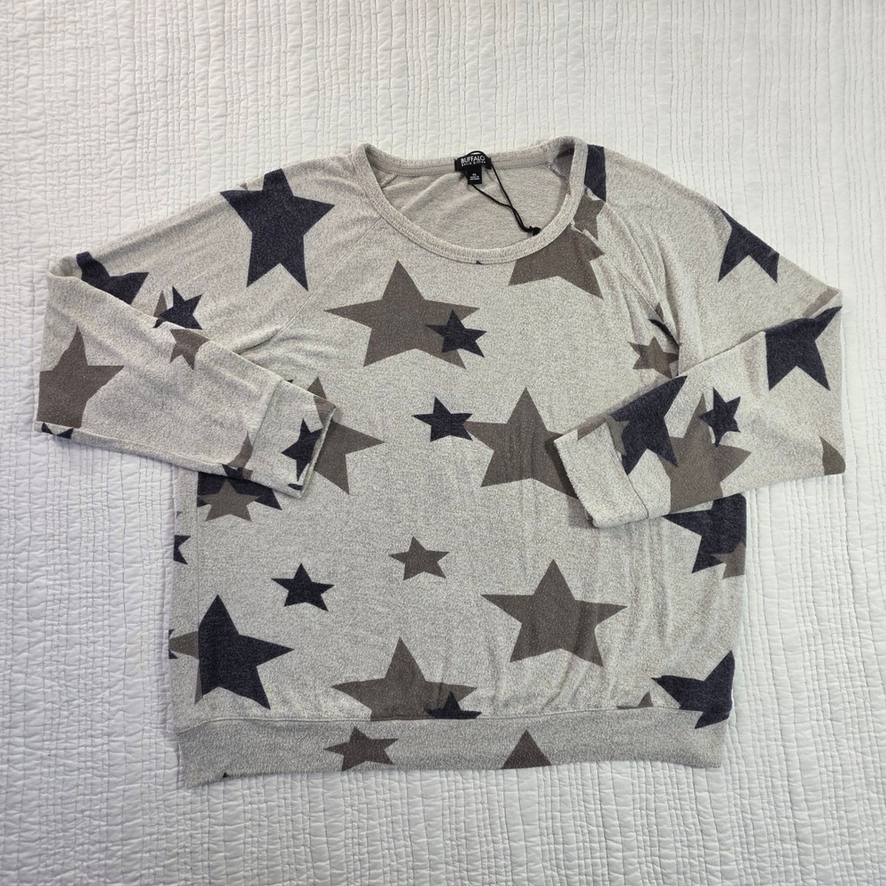 Buffalo David Bitton Womens XL Star Print Pullover Top Grey Long Sleeve Raglan